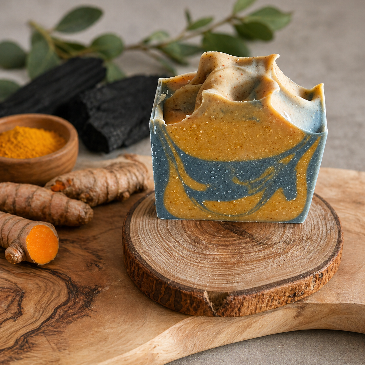 Turmeric and Charcoal Soap. Tallow & Goat Milk. Woodsy Honey Scent.