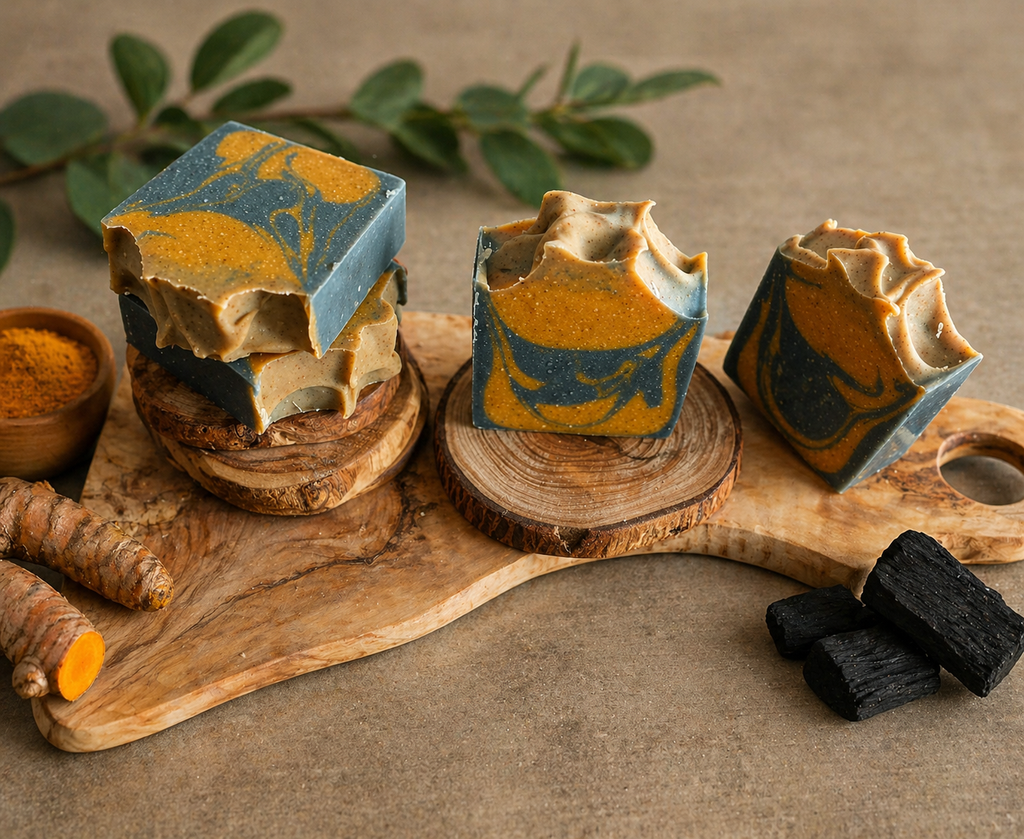 Turmeric and Charcoal Soap. Tallow & Goat Milk. Woodsy Honey Scent.