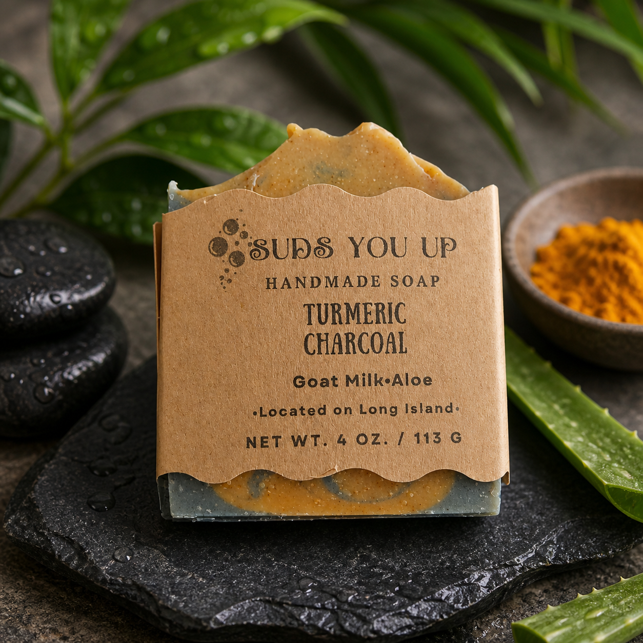 Turmeric and Charcoal Soap. Tallow & Goat Milk. Woodsy Honey Scent.