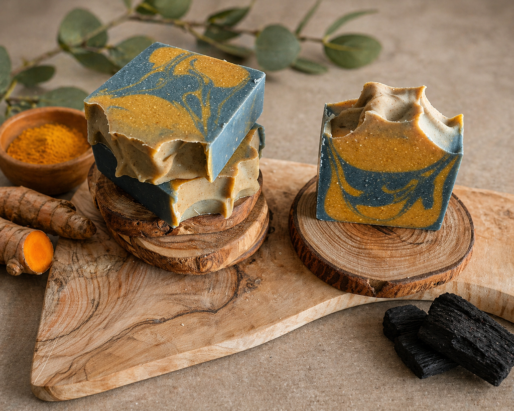 Turmeric and Charcoal Soap. Tallow & Goat Milk. Woodsy Honey Scent.