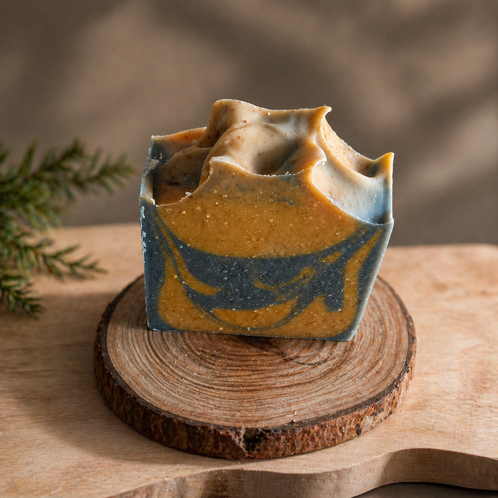 Turmeric and Charcoal Soap. Tallow & Goat Milk. Woodsy Honey Scent.